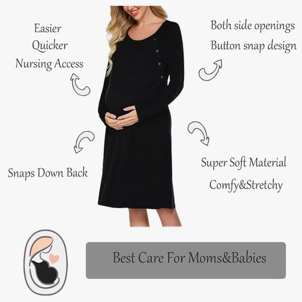 Ekouaer Black Hospital Gown Nursing Maternity Dress with Back Snaps Size M - Picture 3 of 4